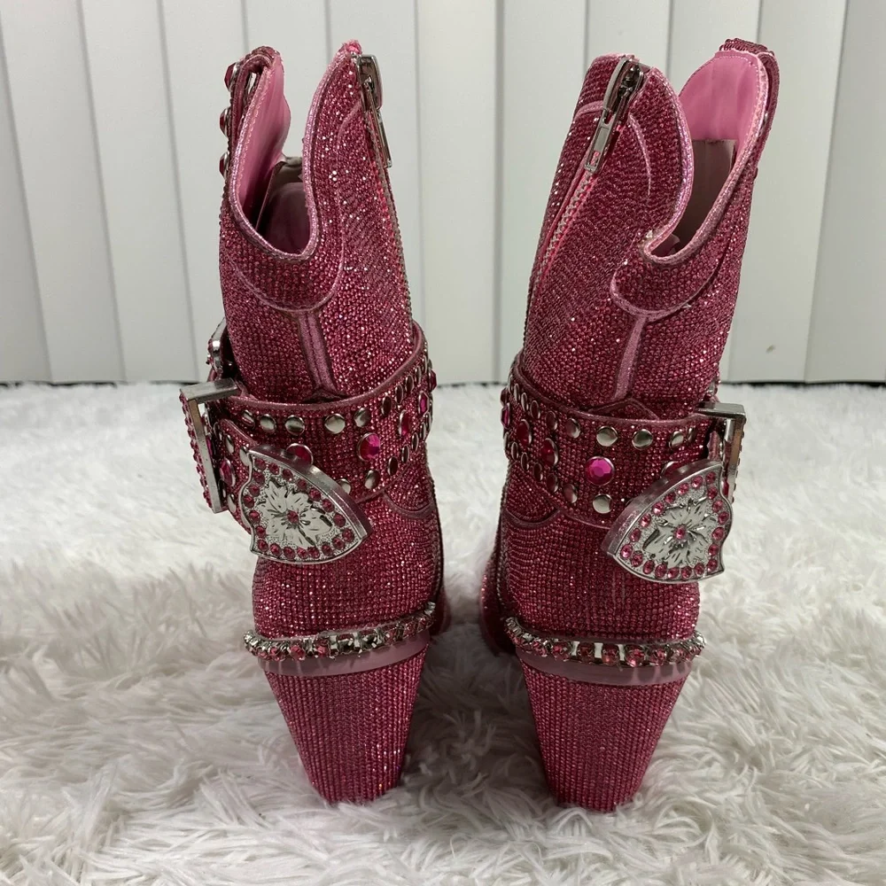 CLUB EXX Pink Sheriff Shine Rhinestone Cowboy Boots Ankle Booties Heeled Size 8 - Picture 4 of 13